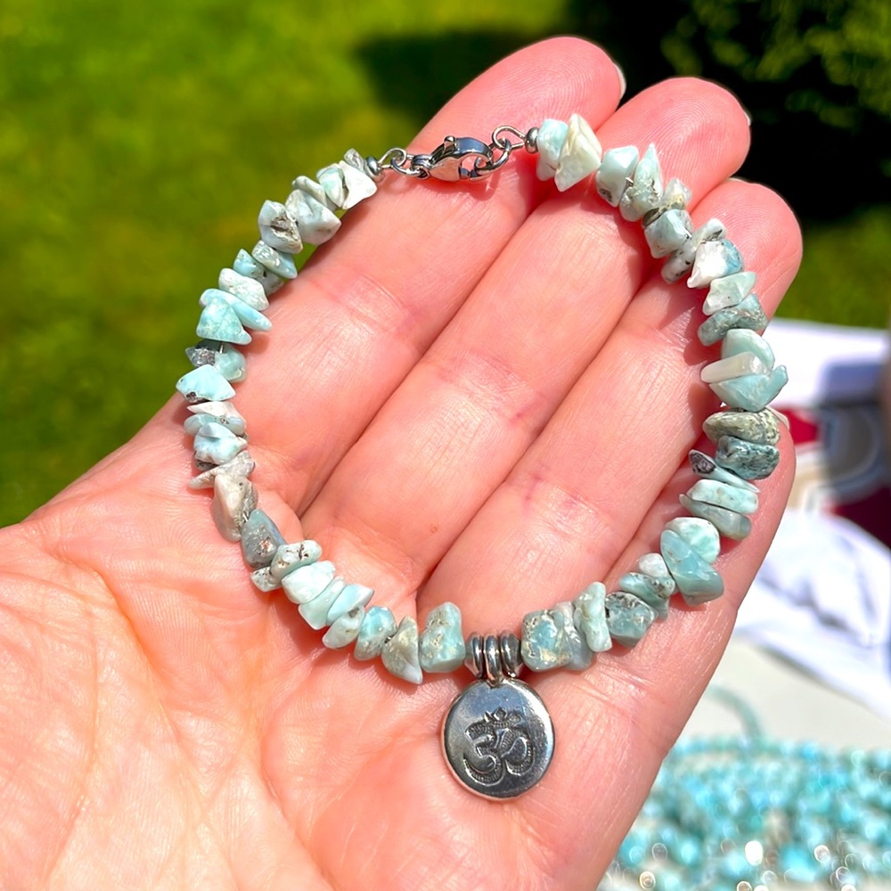 Dominican OHM larimar chip bracelet fits 6-7” Stainless Steel💙